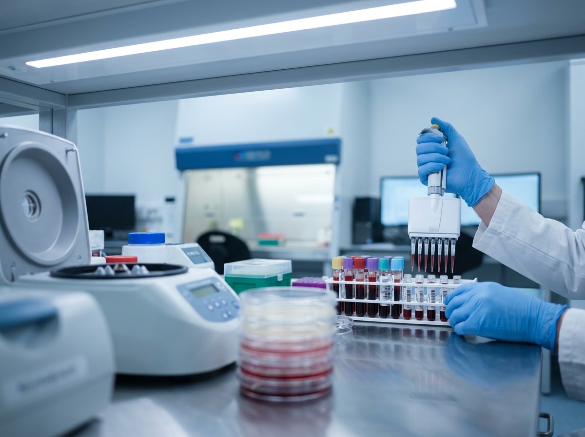 Gloved hands holding a pipette over blood samples in a laboratory