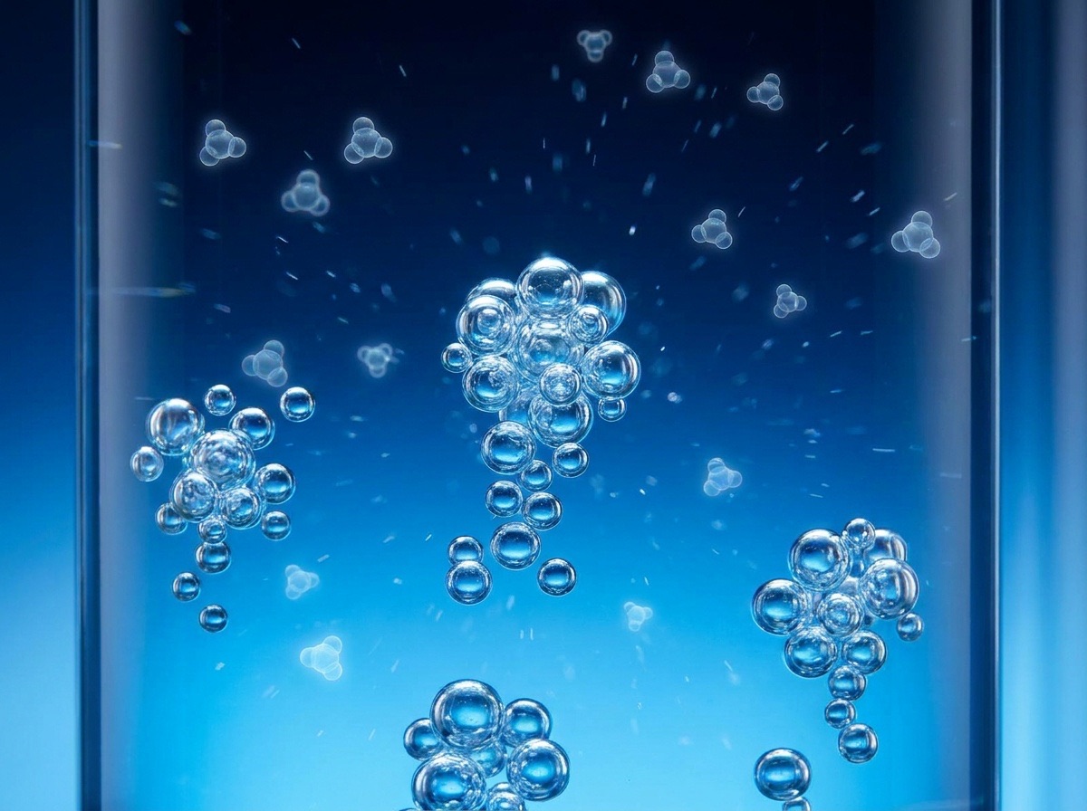 Glowing micro-bubbles in blue liquid, evoking ozone molecules